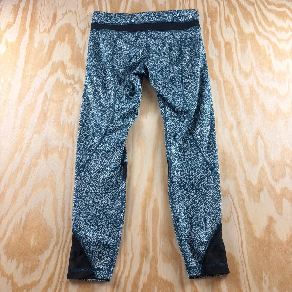 Lululemon Blue White Speckled Mesh Panel Leggings Size 8 Zipper Pockets Yoga‎